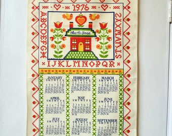 Vintage 1976 Bless This House Calendar Tea Towel, Unused Screenprinted Kitchen Wall Hanging, Scandinavia Cross Stitch Style Illustration