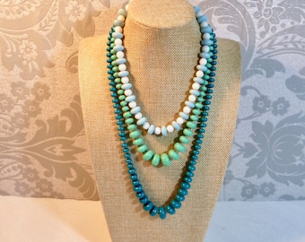 Vintage Trio, 1960s Mod Beaded Necklaces, Greens & Blues, Choice of Knotted/Strung Necklaces, Mod, Jazzy, Colourful Selection of Necklaces