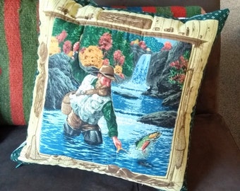 Striking Fisherman Pillow, Vintage Repurposed Quilted Throw Pillow, Mountain Angler Scene, Woods & Stream, Lodge Style, Man Cave Decor