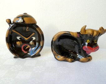 Vintage Rare 1950's Pottery Clock & Bull/Cow Novelty Ashtrays, Kitsch Pin Dishes, Decorative Ashtrays, Made in Japan Pottery, Gilt Ashtrays