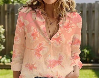 Camisa havaiana com estampa de hibisco e aparência de linho, blusa floral tropical com botões, top feminino para férias na praia, roupa para luau de verão, ideal para cruzeiro.