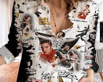 Elvis Presley Linen Shirt, Elvis King Women Blouse Shirt, Rock And Roll Music Linen Shirt, The King Aloha Shirt, Gifts For Elvis Fan