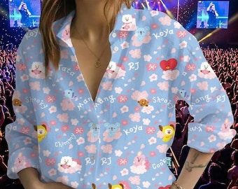 Strój na koncert K-popu: lniana koszula, bluzka z maskotką w stylu kawaii, pastelowy top z motywem kwitnącej wiśni, odzież dla fanów koreańskiego popu, prezent dla miłośnika muzyki