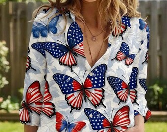 4th of July Butterfly Linen Shirt, American Flag Blouse, Patriotic Women Apparel, Red White Blue Top, Independence Day Summer Shirt