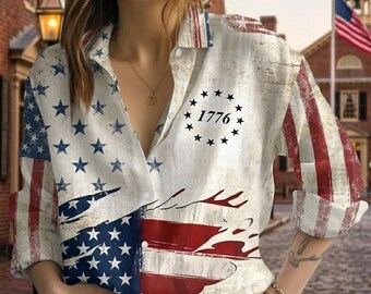 Camisa vintage de mujer con la bandera estadounidense de 1776, blusa de lino para el 4 de julio, top patriótico para el Día de la Independencia, ropa rústica estadounidense.