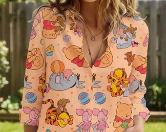 Nostalgic Honey Bear Linen Shirt, Theme Park Vacation Blouse, Cute Cartoon Animal Print Top, Childhood Memories Apparel, Gift For Mom