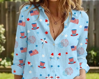 4th of July Patriotic Linen Shirt, Uncle Sam Hat Fireworks Blouse, American Flag Top, Summer Holiday Apparel