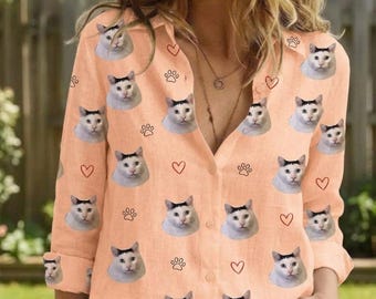 Funny Cat Print Linen Shirt, Quirky Feline Blouse, Cute Cat Face Button Up, Peach Heart Paw Top, Crazy Cat Lady Gift For Her