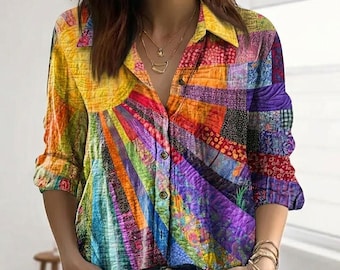 Blusa con estampado floral de sol, top estilo boho bordado, camisa vintage de patchwork de los años 70, blusa colorida con estampado de sol, ropa hippie retro, regalo para ella.