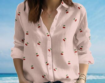 Blusa con estampado de cerezas, camisa retro coqueta, atuendo para vacaciones de verano