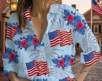 American Flag Fireworks Linen Shirt, 4th of July Floral Blouse, Patriotic Summer Top, Custom Lace Trim, Pattern Collar Women Apparel
