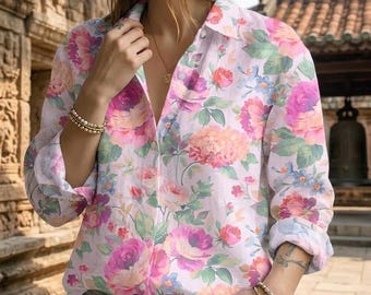 Bluzka w kwiaty w stylu vintage z różami, koszula damska Cottagecore Flower, romantyczna letnia bluzka zapinana na guziki, estetyczna koszula z motywem róż, najlepszy prezent dla niej