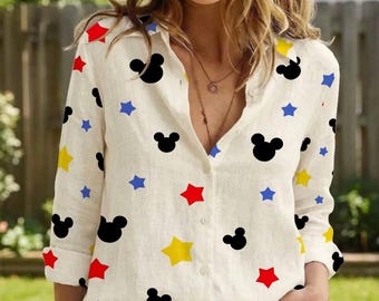 Magical Mouse Linen Shirt, Theme Park Vacation Blouse, Colorful Star Print Top, Cute Mouse Silhouette Apparel, Gift For Her