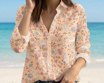 Blusa estilo cottagecore con conejo retro, camisa de lino con estampado floral de conejito, top de mujer con estampado de jardín primaveral, camisa abotonada con conejito de Pascua, regalo estético con animales