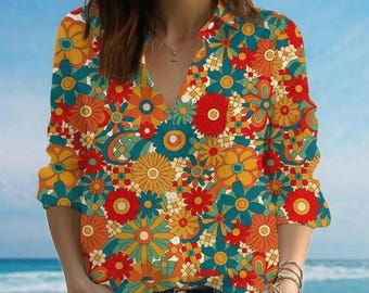 Camisa de lino estilo boho floral retro de los años 70, blusa hippie con margaritas, top de playa veraniego colorido, ribete de encaje personalizado, prenda con cuello estampado