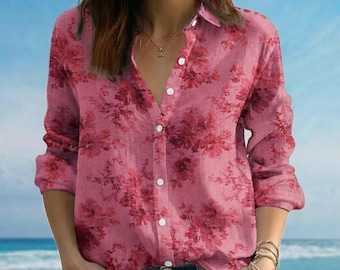 Camisa de lino floral vintage, blusa de playa de verano, camisa bohemia botánica abotonada, ribete de encaje personalizado, cuello estampado, ropa de resort