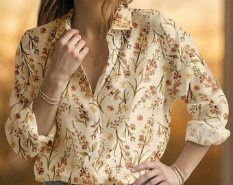 Blusa botánica de flores silvestres, camisa con estampado floral de lino, top vintage para mujer amante de la naturaleza, camisa informal de jardinería, regalo floral estético para ella.
