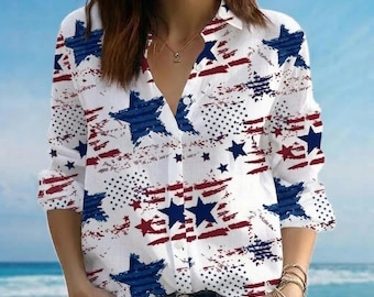 Distressed Stars and Stripes Linen Shirt, Grunge American Flag Blouse, 4th of July Top, Custom Lace Trim, Pattern Collar Summer Apparel