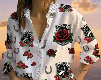 Horse Racing Linen Look Shirt, Red Rose Horseshoe Blouse, Time Party Outfit, Southern Preppy Top, Gift For Her