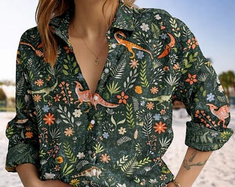 Vintage Dinosaur Floral Blouse, Animal Tropical Women Shirt, Retro Dino Garden Button Up, Unisex Summer Beach Wear, Cottagecore Gift Her