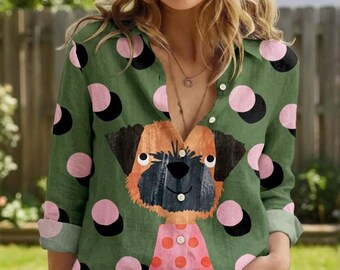 Abstract Dog Print Linen Shirt, Pink Polka Dot Animal Blouse, Pattern Collar Top, Dog Mom Gift For Her