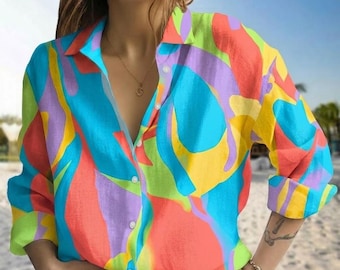 Blusa de arte abstracto, camisa boho moderna y colorida, top artístico abotonado, ropa de playa vintage de verano, tops gráficos creativos para mujer, regalo artístico