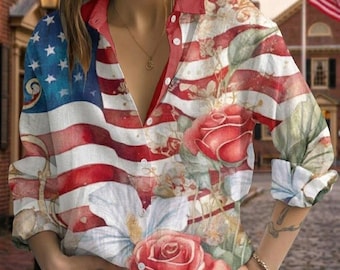 Camisa abotonada con estampado floral de la bandera estadounidense, blusa de lino para el 4 de julio, top vintage patriótico con rosas, prenda con cuello estampado para el Día de la Independencia.