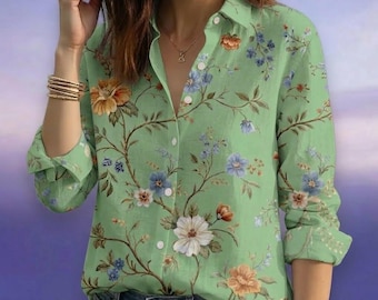 Camicetta vintage floreale, camicia a fiori beige, blu e arancione, maniche lunghe, stile boho con bottoni, top da donna cottagecore, regalo retrò estetico per lei