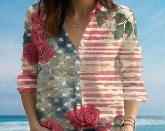 Blusa de regalo del 250 aniversario de EE. UU., camisa patriótica vintage con rosas, top personalizado con la bandera estadounidense para mujer, camisa conmemorativa del 1776-2026.