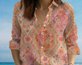 Blusa de lino vintage estilo boho con estampado floral, camisa retro con estampado de rombos y flores, top estético estilo cottagecore para mujer, regalo romántico de jardín para ella.