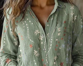 Faux Embroidery Wildflower Linen Shirt, Celestial Star Boho Blouse, Printed Floral Top, Custom Lace Trim, Pattern Collar Apparel