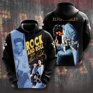 May include: Black hoodie featuring Elvis Presley with the text "Rock and Roll with Elvis Presley." The front displays images of Elvis, while the back shows Elvis with the text "King of Rock n Roll."