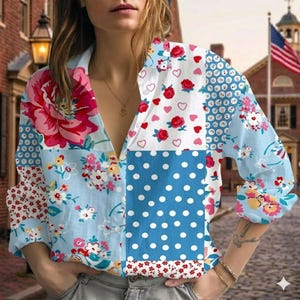 Pastellblommig linneskjorta med lappmönster, prickig, hjärtformad bohemisk blus, sommartopp i cottagecore, specialdesignad spetskant, mönsterkrage