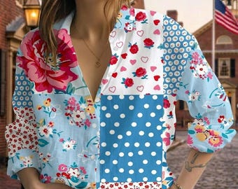 Camisa de lino con estampado floral en tonos pastel, blusa bohemia con corazones de lunares, top veraniego estilo cottagecore, ribete de encaje personalizado, prendas con cuello estampado.