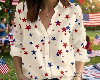 Camisa abotonada con estrellas rojas, blancas y azules, blusa de lino color crema para el 4 de julio, conjunto patriótico de verano para barbacoa, blusa con estampado de estrellas para el Día de la Independencia.