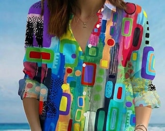 Blusa con estampado de arte abstracto, camisa con aspecto de lino y paleta de artista, conjunto geométrico colorido de museo, top de estética ecléctica, regalo de arte moderno para ella.