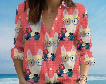 Camisa de lino con diseño peculiar de perro Bull Terrier, blusa divertida de arte pop para mascotas, top rosa a cuadros para mamás de perros, ribete de encaje personalizado, prenda con cuello estampado