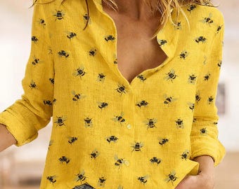 Blusa retro de abeja reina, regalo para amantes de las abejas, camisa vintage botánica de abeja, top de verano con aspecto de lino, ropa estética de abejorros.