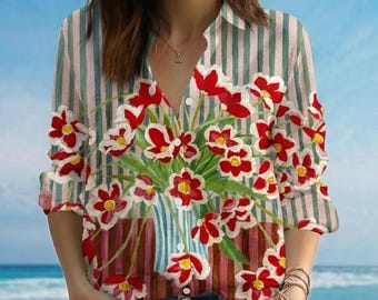 Camisa de lino con estampado floral a rayas, blusa abotonada con flores en acuarela, conjunto de playa de verano, ribete de encaje personalizado, blusa con cuello estampado.