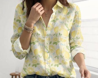 Bluzka cytrynowa, lniana koszula letnia, bluzka damska, żółty top z nadrukiem cytrusowym, odzież wiosenna, bluzka zapinana na guziki w stylu śródziemnomorskim, bluzka limonen