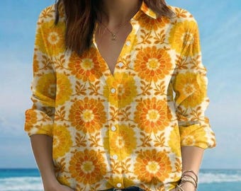 Camisa de lino bohemia con estampado floral amarillo, blusa retro de los años 70 con estampado de bloques, conjunto para vacaciones de verano en la playa, ribete de encaje personalizado, blusa con cuello estampado.