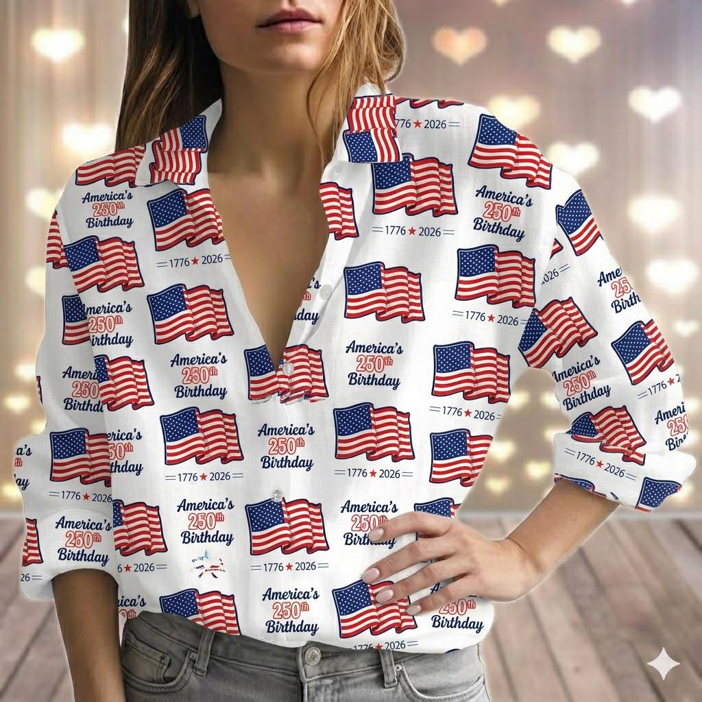 Discover Americas 250th Birthday Blouse, USA Semiquincentennial Linen Look Shirt, Red White Blue Patriotic Women Top, 1776 - 2026 Anniversary Gift