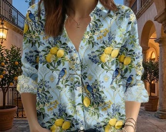 Bluebird Zitrone Blumenbluse, Cottagecore Zitrus Garten Shirt, Vintage Natur Frauen Top, Blauer Vogel Obst Druck Button Up, Geschenk für Sie