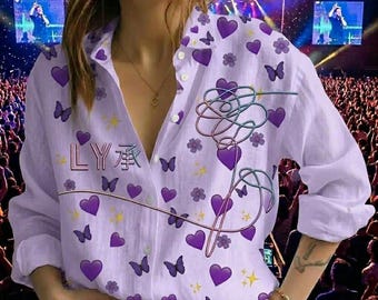 Bluzka z lnianego materiału „Purple Heart Galaxy”, koszula z kwiatowym motywem „Love Yourself”, strój na koncert fana K-popu, estetyczny damski top, prezent do sklepu Magic Shop