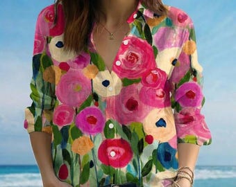 Camisa de lino con estampado floral de acuarela colorida, blusa con flores pintadas abstractas, conjunto de playa de verano, ribete de encaje personalizado, blusa con cuello estampado.