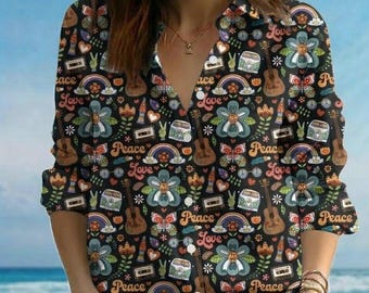 Blusa estilo gira musical retro de los 70, camiseta hippie con guitarra en furgoneta, top con estética de casete vintage, regalo para amantes de la música, blusa veraniega con dos diseños geniales.