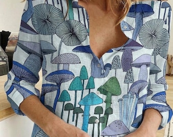 Bluzka z motywem grzybów botanicznych, koszula z lnu Cottagecore, top dla miłośników natury z motywem dzikich grzybów, koszula casualowa Forestcore, estetyczny prezent ogrodowy dla niej