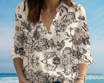 Vintage Floral Cat Print Linen Shirt, Botanical Hidden Cat Blouse, Toile Animal Top, Custom Lace Trim, Pattern Collar Women Apparel