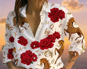 Golden Horse Red Rose Linen Look Shirt, Spring Party Outfit, Southern Preppy Equestrian Blouse, Louisville Race Day Top