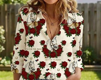 Horse Linen Look Shirt, Run For The Roses Blouse, White Horse Equestrian Top, Red Rose Race Day Outfit, Derby Party Apparel